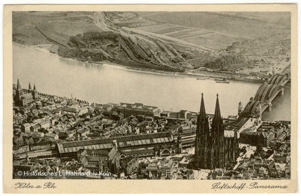 Die ersten Luftbilder von Köln vom Lutschiff aus fotografiert. Vorne der Kölner Dom, im Hintergrund das Fort XV in Deutz, der spätere Rheinpark.