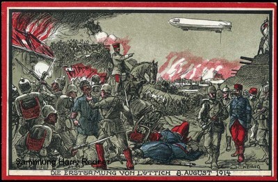Propagandapostkarte zum Sturm von Lüttich mit Luftschiff Z VI "Cöln"