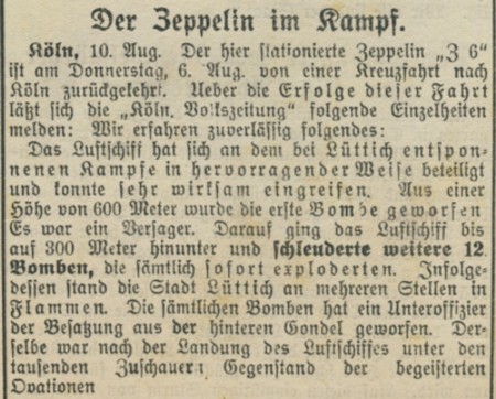 Zeitungsbericht zum Luftangriff auf Lüttich durch LZ VI Cöln