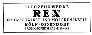 Werbung der Köln-Ossendorfer Firma REX Flugmaschinen