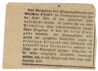 zeitungsartikel ber einen Luftrpel der mit seiner F-AIZV Farman F.63 Ter Goliath ber Kln Dachen jagte.