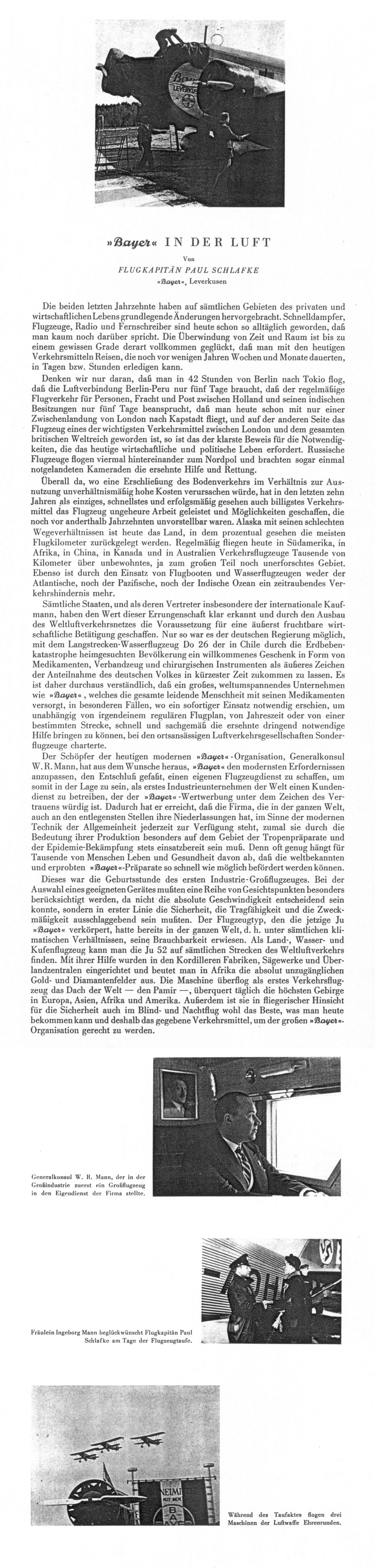 Bericht von Flugkapitn Paul Schlafke zum Auftrag der Ju 51 der Bayer AG..