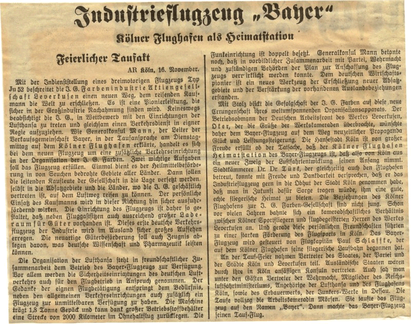 Klner Stadtanzeiger 17.November 1937 Industrieflugzeug Bayer