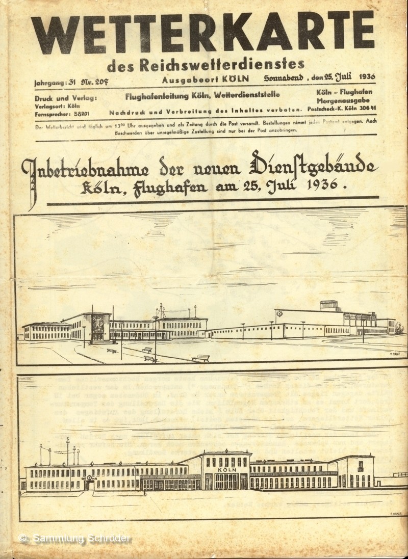 Wetterkarte zur Eröffnung des Flughafen Köln Butzweilerhof 25.07.1936