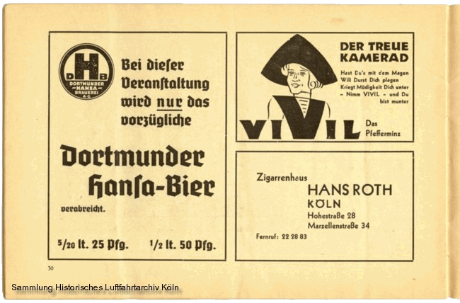 Volksflugtag 1935 Flughafen Kln Butzweilerhof Werbung Dortmunder Hansa-Bier Vivil Zigarrenhaus Roth