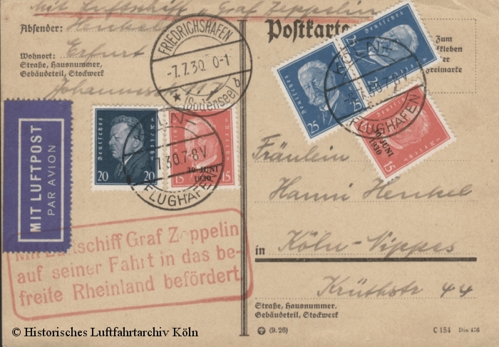 Zeppelinpostkarte aus der Graf Zeppelin nach Erfurt.